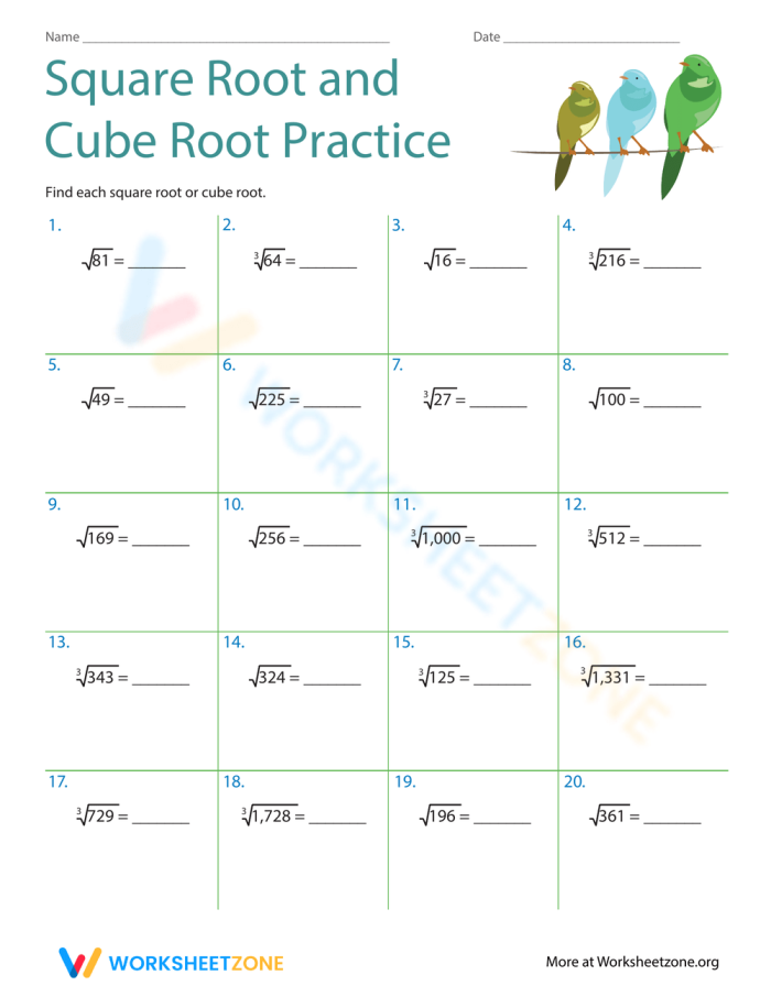 Square Root and Cube Root Practice Worksheet for Building Math Confidence in Algebra Eighth grade student solving square root and cube root problems on an algebra practice worksheet with perfect squares and cubes