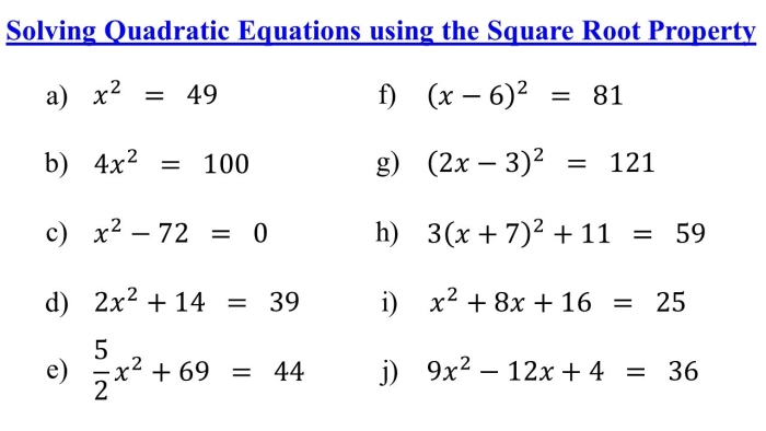 Eighth grade math worksheet focusing on solving equations that involve square roots and squared variables