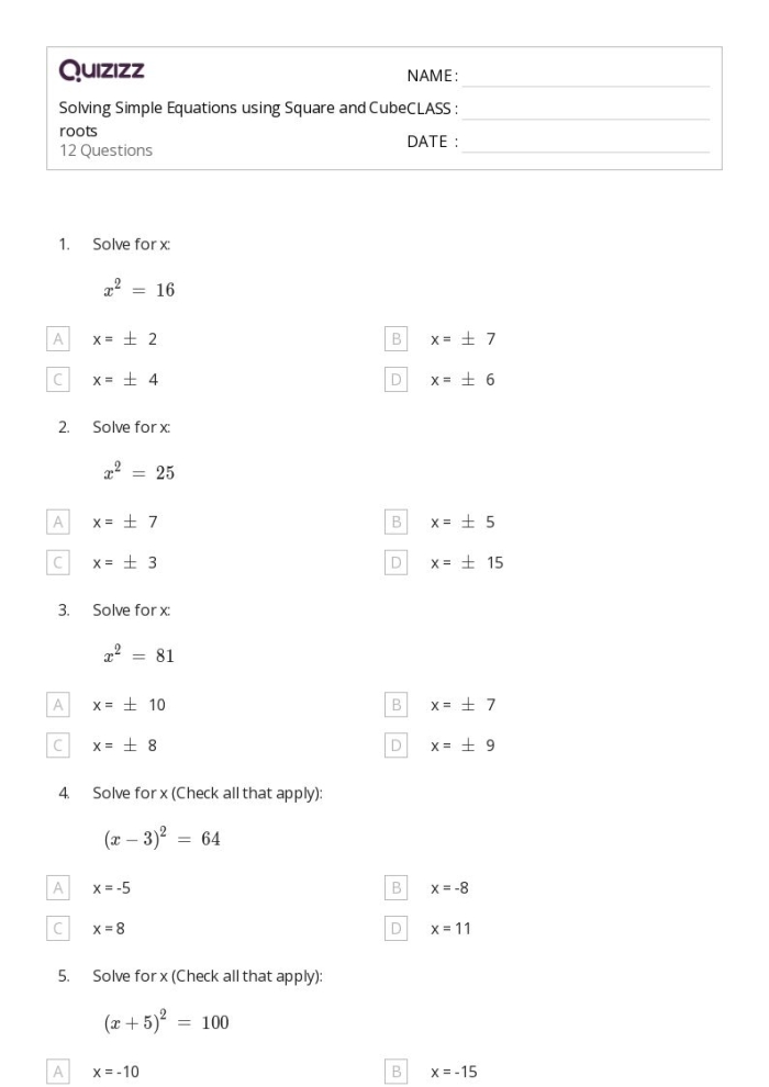 Eighth grade math worksheet focusing on solving equations that include square root variables