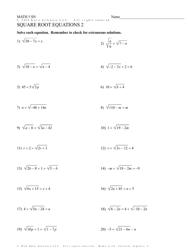 Eighth grade student solving a quadratic equation by taking the square root of both sides