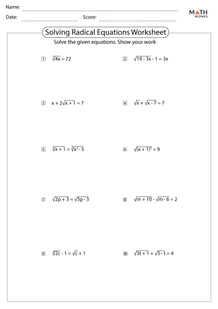 Eighth grade math worksheet for practicing solving equations that involve squaring variables