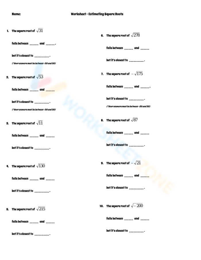 Estimate Square Roots Practice Exercise for Middle School Math Eighth grade student working through square root estimation problems on a math worksheet