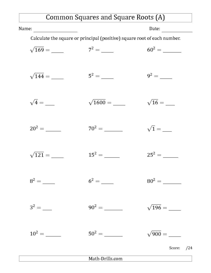 Practice worksheet showing square root calculations for middle school mathematics Eighth grade student solving square root problems on a math worksheet with perfect squares