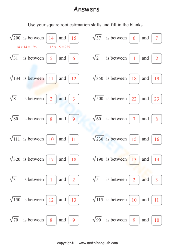 Worksheet image illustrating the concept of finding whole numbers between which a square root lies Eighth-grade math worksheet for approximating square roots of non-perfect squares