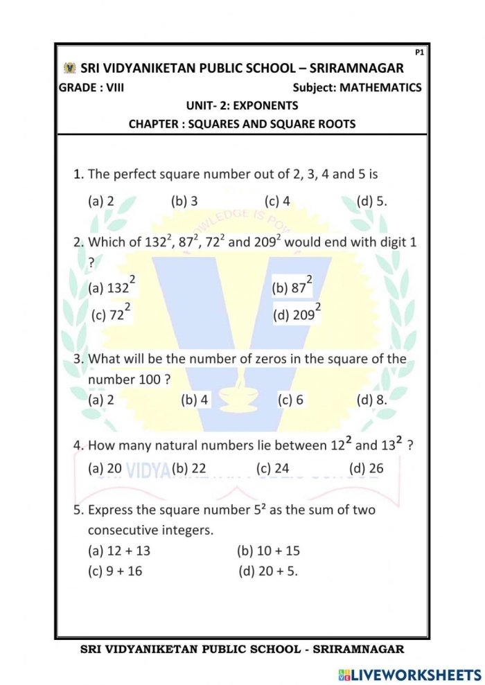 Worksheet for practicing square roots of perfect squares for eighth-grade students