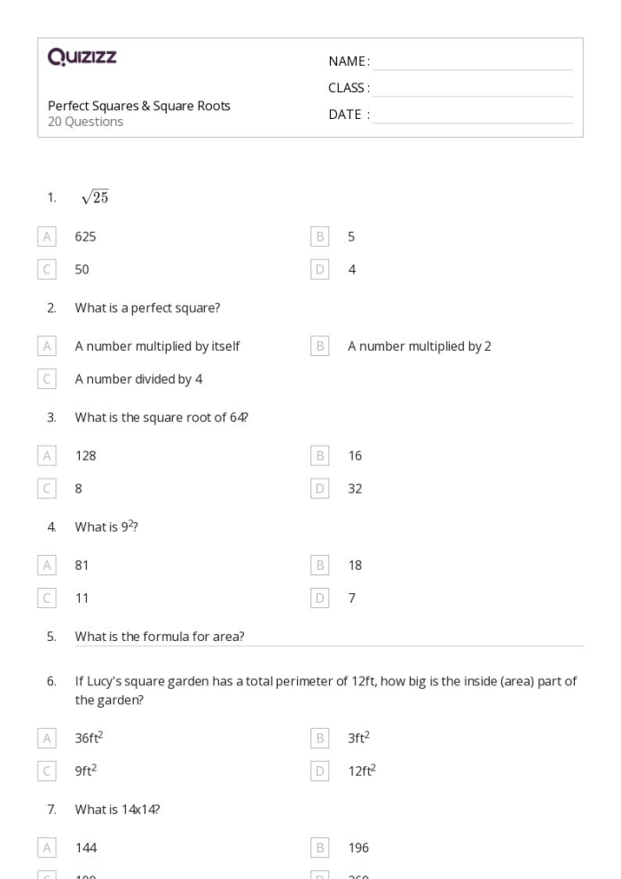 Eighth grade math worksheet showing problems for calculating square roots of perfect squares