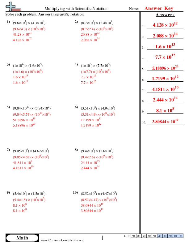 Practice worksheet showing addition subtraction multiplication and division examples using scientific notation Eighth grade student solving operations with numbers in scientific notation math problems on a worksheet