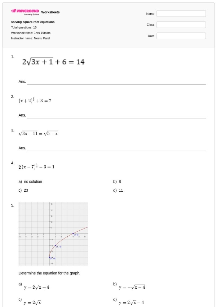 Solving Square Root Equations Practice Activity for Middle School Learners Eighth grade student working through square root equation problems on a math worksheet