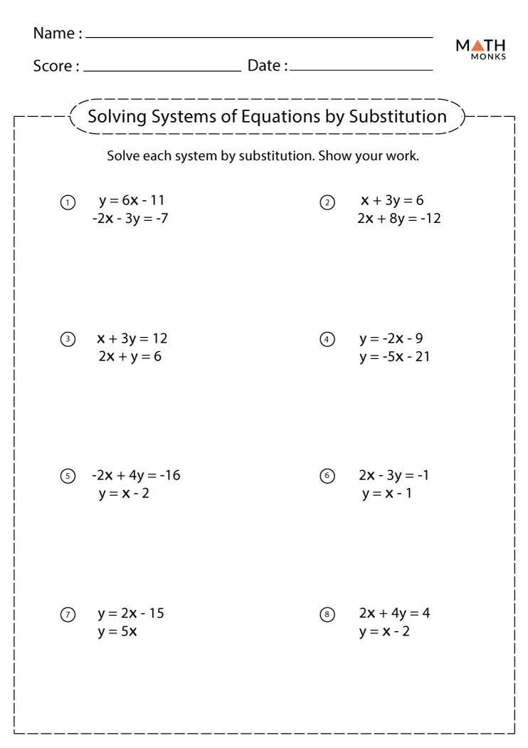 Eighth grade student working through a substitution method system of equations problem on lined paper