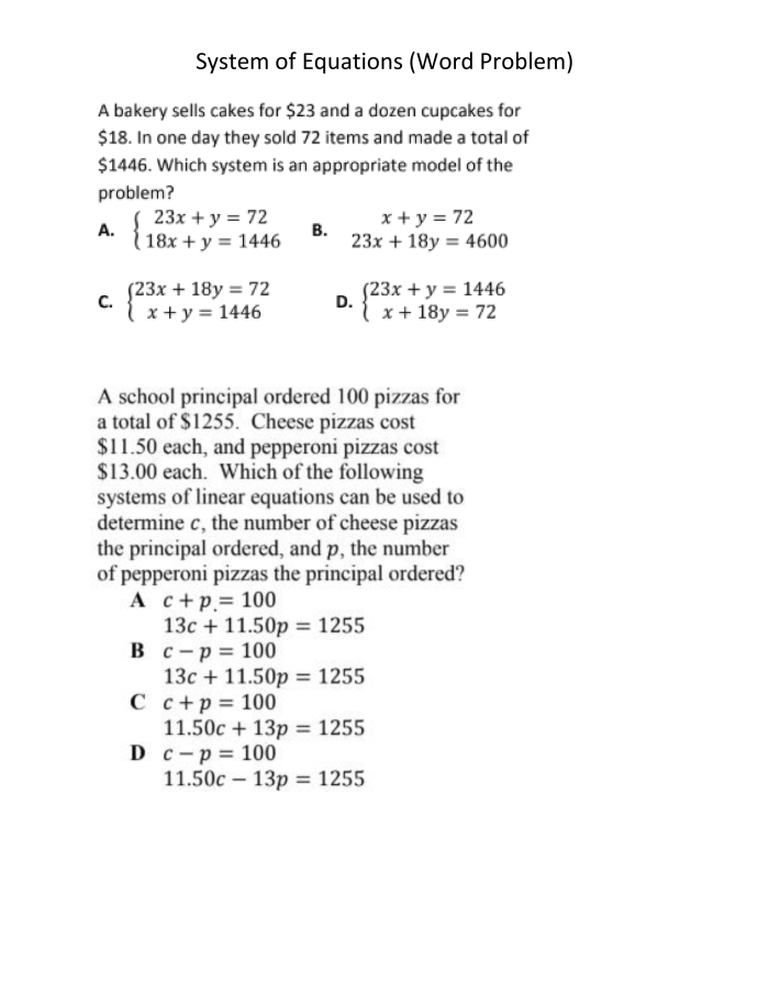 Worksheet for practicing substitution in solving linear equations word problems Eighth-grade math worksheet featuring systems of linear equations word problems using substitution