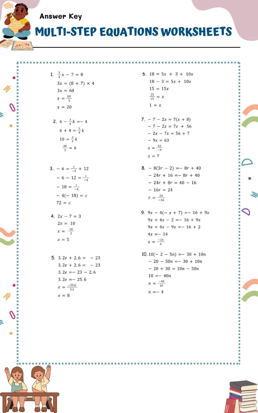Engaging worksheet designed for solving one-variable equations in a fun way Multi-Step Equations Tic-Tac-Toe worksheet for eighth graders to practice algebra skills