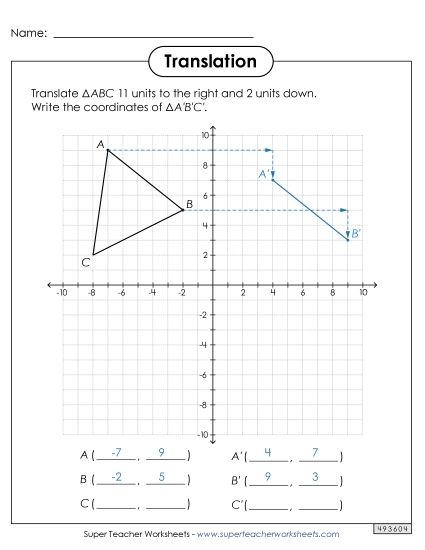 Eighth-grade worksheet showing translations on the coordinate plane with figure graphs