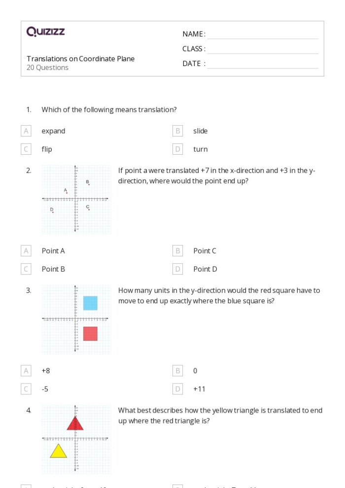 Transformations on the Coordinate Plane: Translations Handout worksheet image Worksheet illustrating translations on the coordinate plane for eighth-grade geometry students