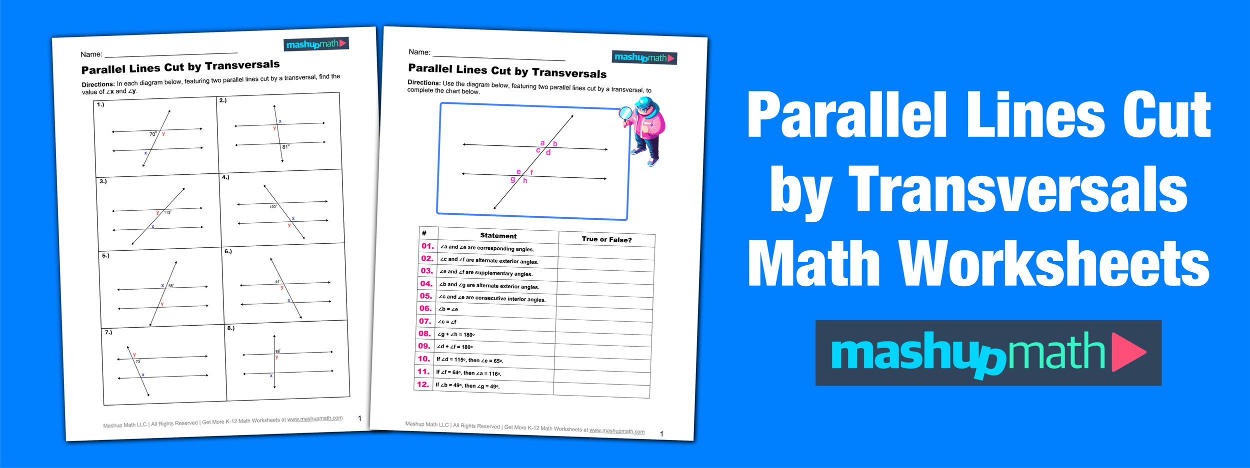 Eighth grade geometry worksheet featuring diagrams of parallel lines intersected by transversals for angle pair identification