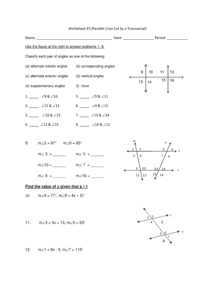 Eighth grade geometry worksheet featuring diagrams of parallel lines intersected by transversals for angle identification practice