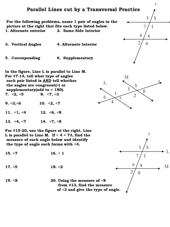 Eighth grade geometry worksheet featuring diagrams of parallel lines intersected by transversals for angle pair identification