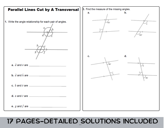 Eighth grade geometry worksheet featuring diagrams of parallel lines intersected by a transversal for angle pair identification