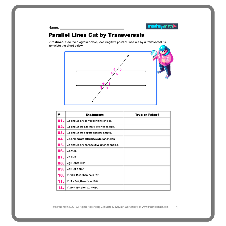 Eighth-grade geometry worksheet featuring parallel lines intersected by a transversal with angle pair examples