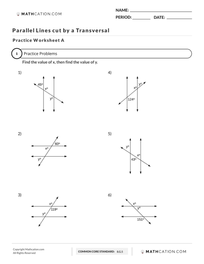 Eighth grade geometry worksheet featuring diagrams of parallel lines intersected by transversals for angle pair practice