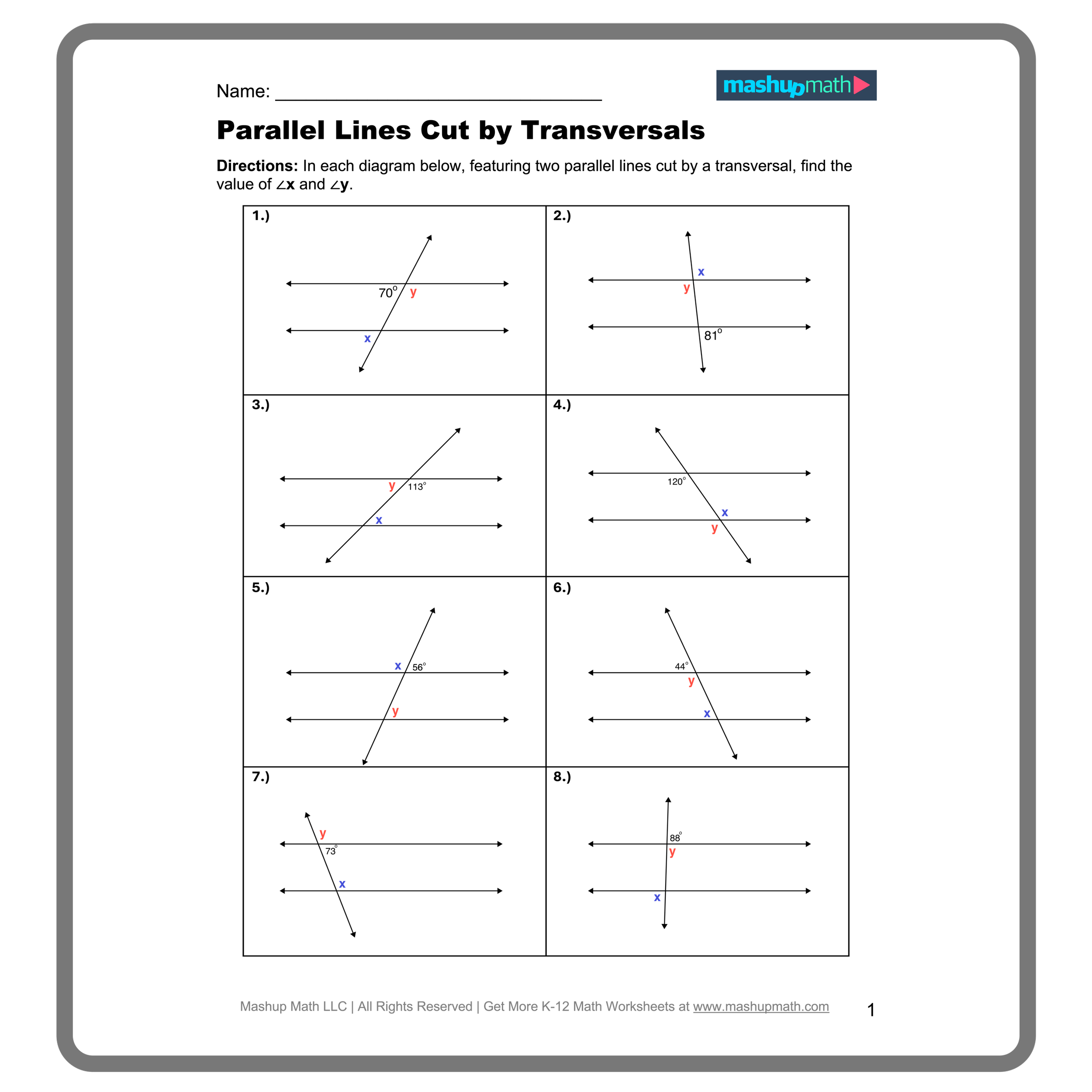 Eighth grade geometry worksheet featuring parallel lines intersected by a transversal and various angle pairs to identify