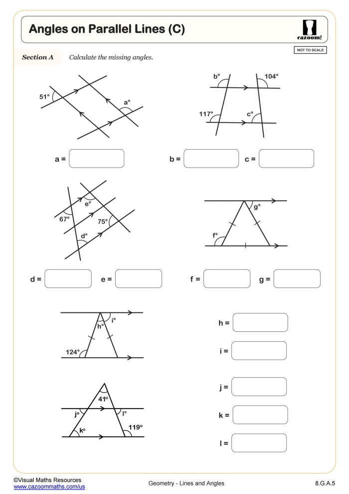 Eighth grade math worksheet showing parallel lines intersected by a transversal with various angle pairs to identify