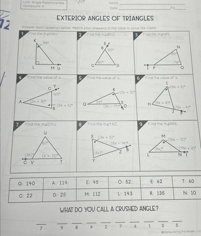 Eighth grade geometry worksheet featuring algebraic equations to find missing interior angles in triangles