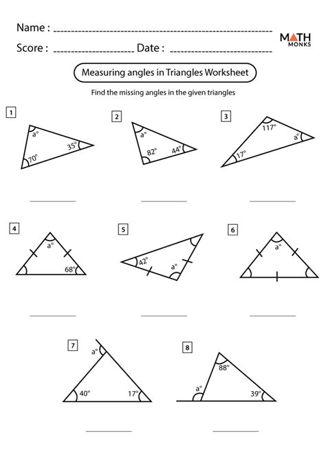 Worksheet featuring triangles with missing angles for eighth-grade math practice