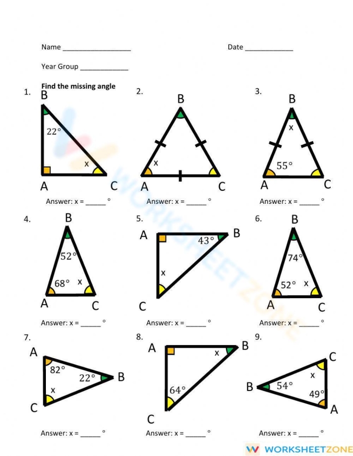 Eighth grade geometry worksheet featuring various triangles with missing angle measurements to solve