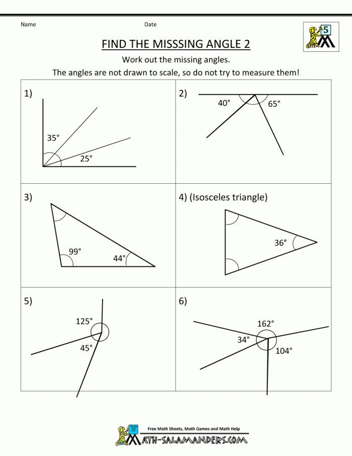Worksheet featuring triangles for calculating missing angles