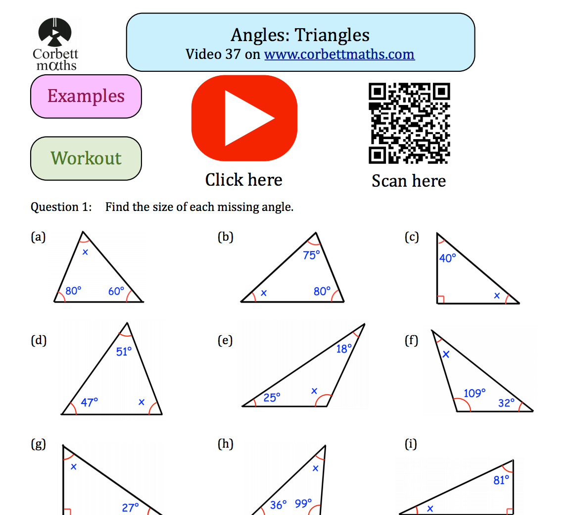 Eighth grade geometry worksheet featuring various triangles with missing angle measurements to solve
