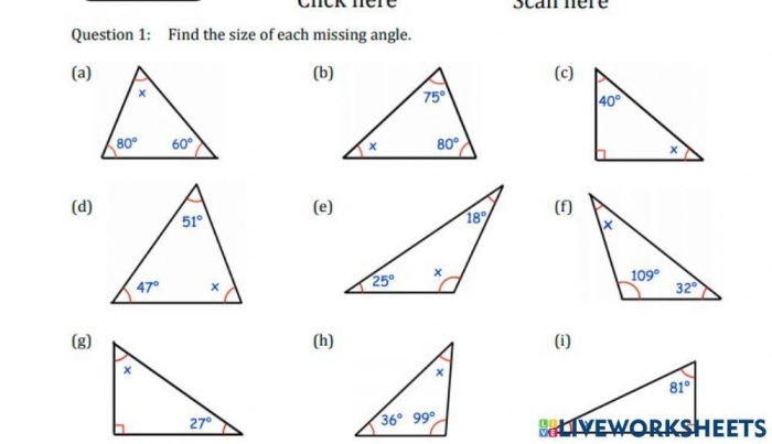 Eighth grade math worksheet featuring geometry problems to find the missing angle in various triangles