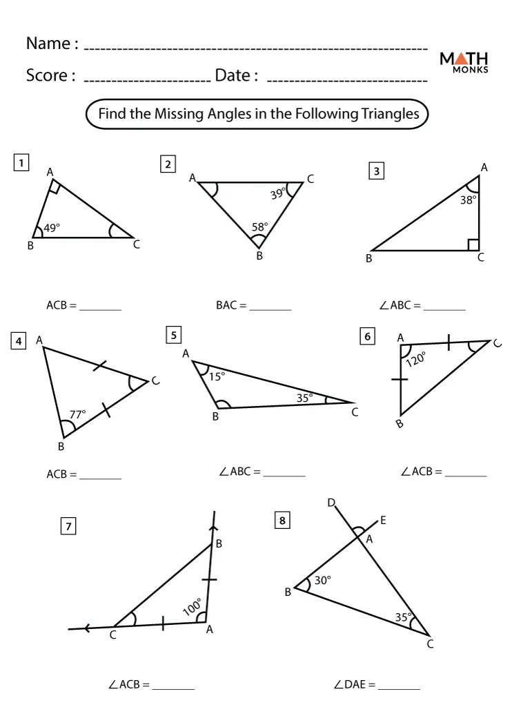 Eighth grade math worksheet focusing on calculating the missing angle in various triangles