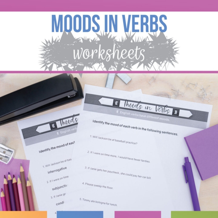 Eighth grade student completing a worksheet on identifying verb moods in various sentences