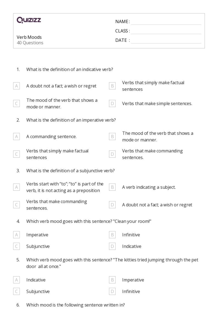 Eighth grade grammar worksheet focused on practicing and identifying the five different verb moods in sentences