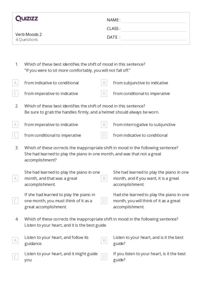 Eighth grade students completing a verb moods worksheet exercise with example sentences showing indicative conditional and subjunctive mood usage