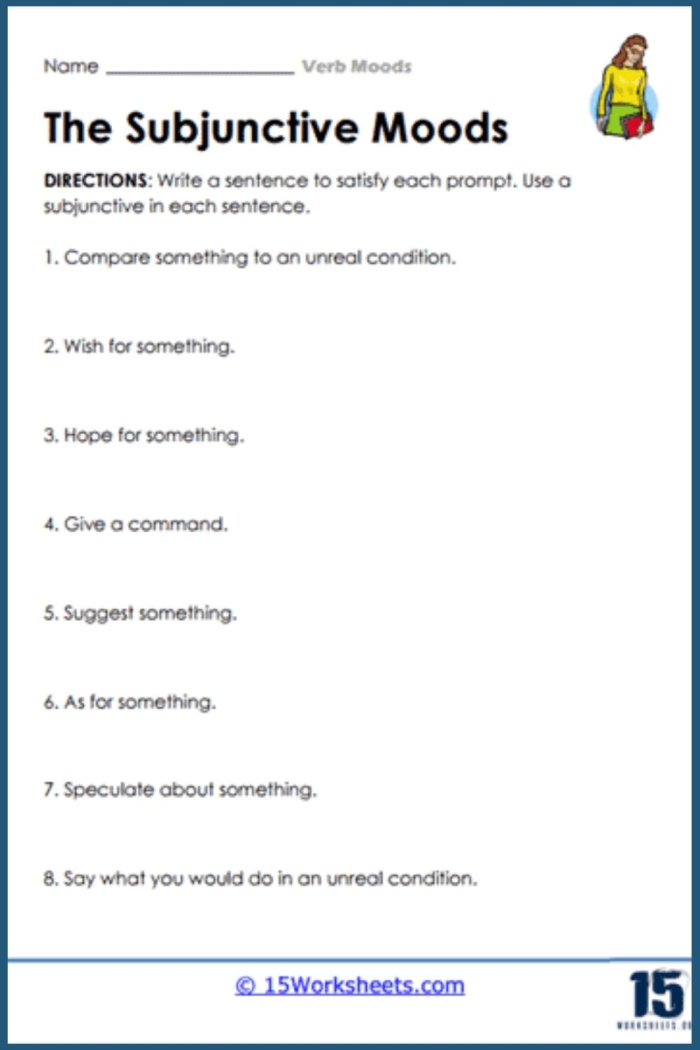 Eighth grade students identifying verb moods in sentences on an educational worksheet