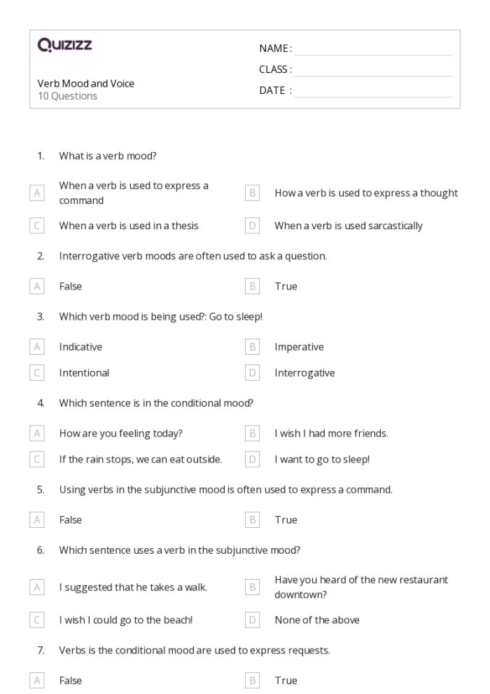 Eighth grade students completing a verb moods worksheet exercise to practice indicative conditional and subjunctive sentence structures