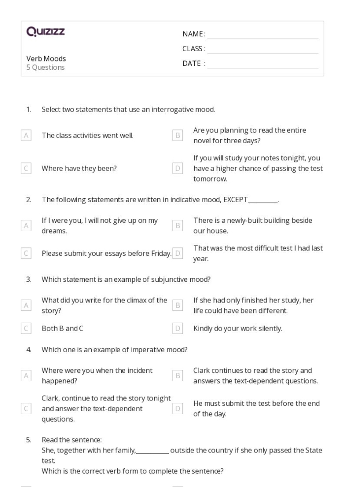 Eighth grade worksheet focusing on identifying and practicing the five verb moods in English sentences