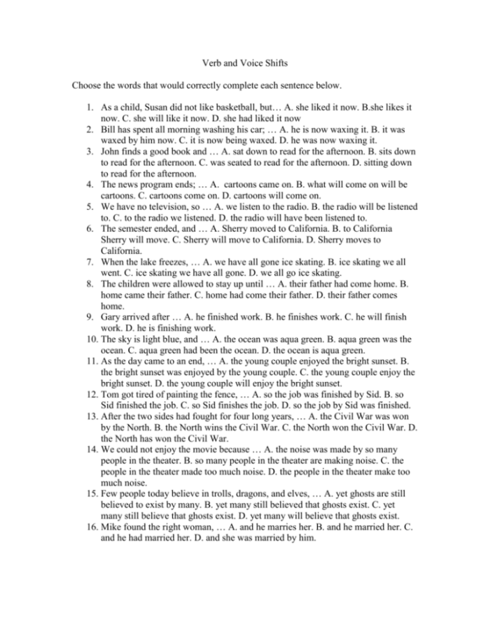 Correcting Shifts in Verb Voice Worksheet for Eighth Graders Eighth grade worksheet focused on correcting shifts in verb voice with active and passive sentences