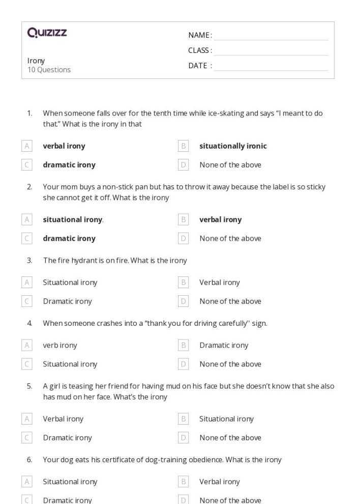 Addition worksheet for Eighth Grade Eighth grade verbal irony worksheet featuring definitions and examples of sarcasm, exaggeration, and understatement. Explore verbal irony through engaging exercises and illustrations in this educational resource.