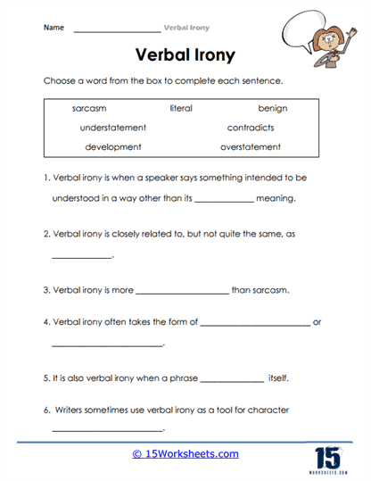 Engaging worksheet on verbal irony for eighth graders studying figurative language Eighth grade verbal irony worksheet featuring definitions and examples of sarcasm and understatement