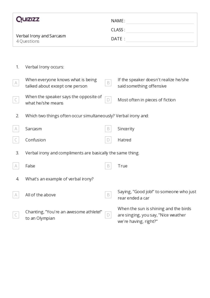Worksheet image showcasing definitions and examples of verbal irony for enhanced learning Eighth-grade students engaging with a verbal irony worksheet focused on sarcasm and exaggeration