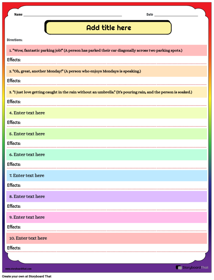 Engaging figurative language worksheet for practicing verbal irony concepts Eighth grade verbal irony worksheet featuring definitions and examples of sarcasm and exaggeration