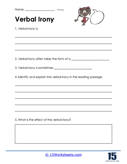 Explore figurative language with this engaging worksheet on verbal irony for students Eighth-grade verbal irony worksheet featuring definitions and examples of sarcasm and exaggeration