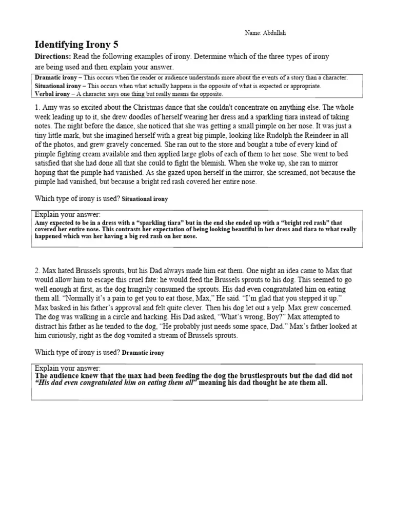 Verbal Irony Worksheet for Eighth Grade Students Eighth-grade students exploring verbal irony through a figurative language worksheet