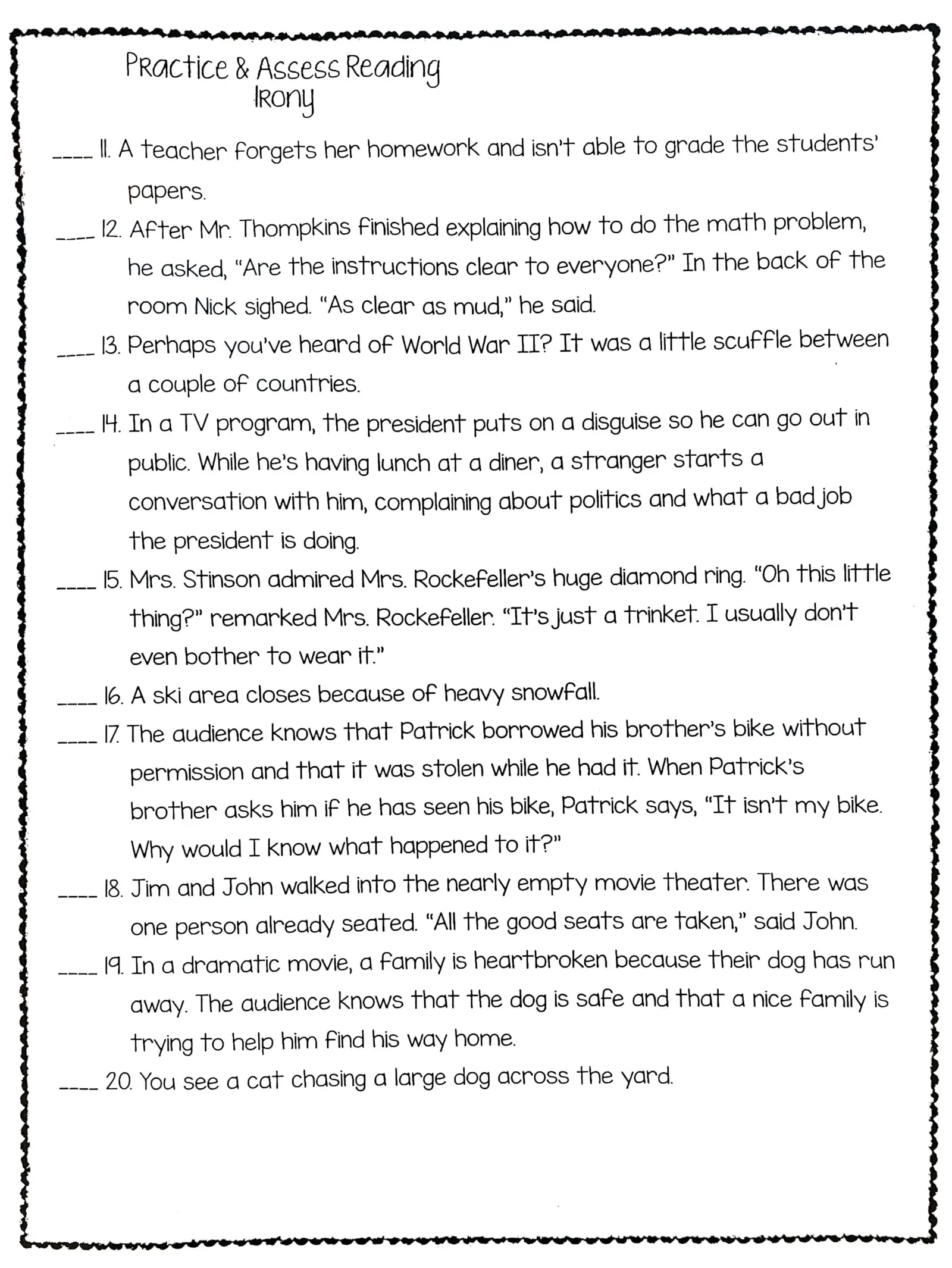 Worksheet on verbal irony exploring sarcasm, exaggeration, and understatement for eighth graders Eighth-grade students engaging with a verbal irony worksheet featuring definitions and examples