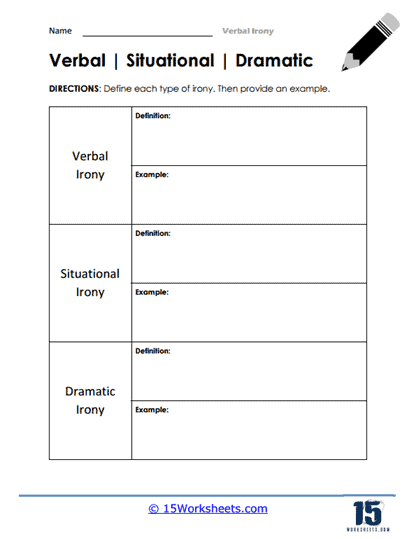 Explore figurative language with this engaging worksheet on verbal irony for students Eighth grade verbal irony worksheet featuring definitions and examples of sarcasm and understatement