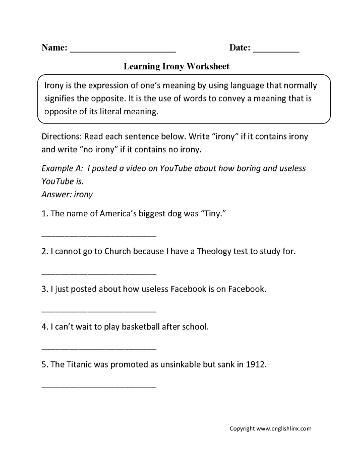 Worksheet on verbal irony for students to explore figurative language concepts Eighth grade verbal irony worksheet featuring definitions and examples of sarcasm and exaggeration