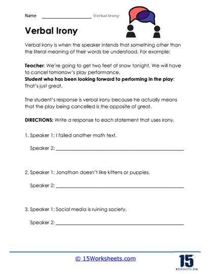 Verbal Irony worksheet for studying sarcasm, exaggeration, and understatement Eighth grade students exploring verbal irony through a figurative language worksheet