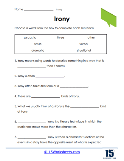 Explore figurative language with this engaging verbal irony worksheet for students Eighth grade verbal irony worksheet featuring definitions and examples of sarcasm and understatement